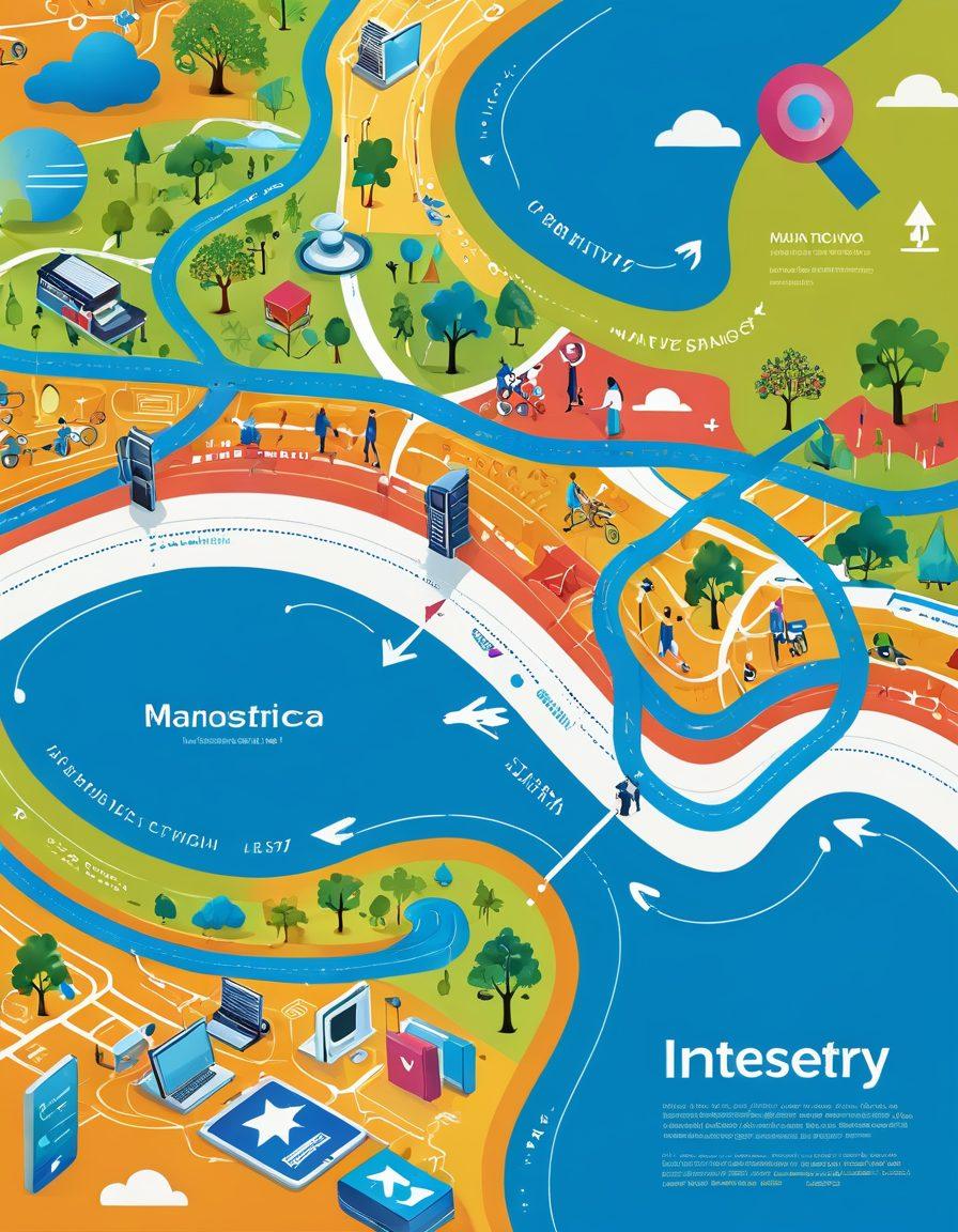 A visual representation of a vibrant digital landscape filled with interconnected links resembling paths on a map, with various content elements like text, images, and videos strategically placed along the paths. Bright colors and dynamic shapes symbolize creativity and information flow, with a futuristic online journal interface blending seamlessly into the scene. Include elements like a magnifying glass and navigation arrows to emphasize exploration and mastery. super-realistic. vibrant colors. 3D.