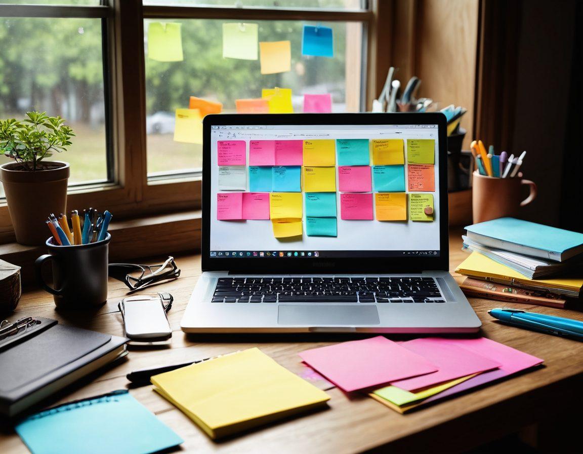 A visually engaging workspace scene featuring a digital diary on a sleek laptop, colorful sticky notes with bookmarks pinned around a stylish monitor, various bookmarking tools laid out artistically on a wooden desk, and a gentle sunlight streaming in through a window, symbolizing organization and creativity. super-realistic. vibrant colors. soft natural lighting.