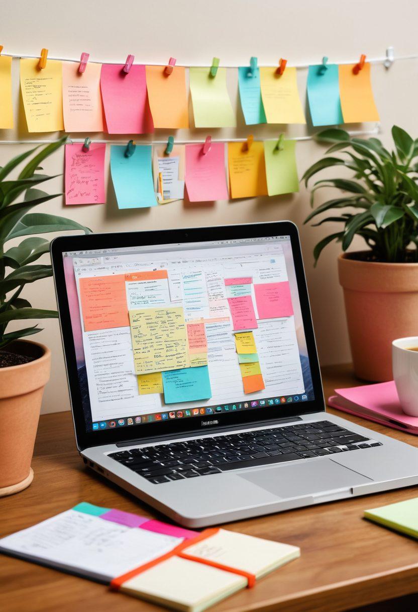 A beautifully arranged digital workspace showcasing an open laptop displaying a colorful online journal, surrounded by vibrant sticky notes and organized links. Include a cup of coffee, potted plants, and a cozy ambiance with soft lighting to evoke warmth. Integrate elements of creativity, like doodles and ideas flowing from the laptop screen. super-realistic. vibrant colors. cozy atmosphere.